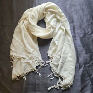 Vtg 29X65" Classic PASHMINA Cashmere Wool Ivory Shawl Scarf Wrap Fringed